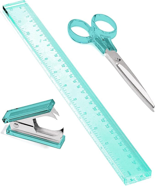 OfficeGoods 3 Piece Acrylic Desk Set - Includes Ruler, Staple Remover, Scissors - Functional & Elegant Desk Accessories - Stationery Tools for Home, Office, and School - Green with Silver Metal