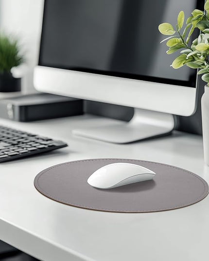 Mouse Pad，Round Mouse Pad，PU Mouse Pad，Leather Mouse Pad with Stitched Edge Micro-Fiber Base with Non-Slip Waterproof，Mouse Pad for Computers，Laptop，9 x 9 Inch (Silver Gray)