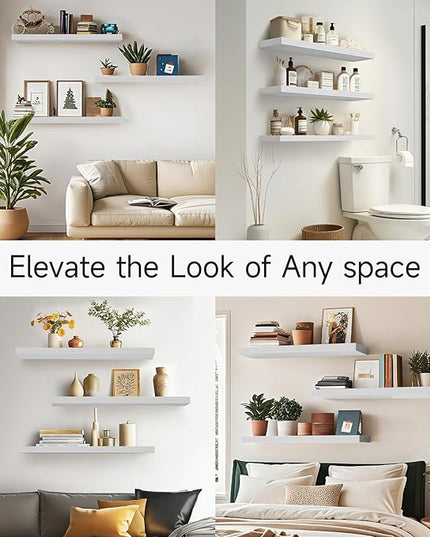 BAYKA White Floating Shelves for Wall, 36 inches Wall Mounted Rustic Wood Shelves for Bathroom, Bedroom, Living Room, for Book/Storage/Decor（Set of 3）