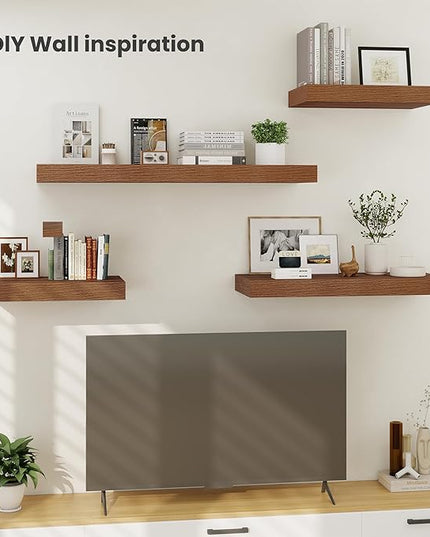 Heimlove 24 x 12 Inch Deep Floating Shelves Wall Mounted with Invisible Brackets,Storage Hanging Shelf for Wall Decor in Bathroom, Bedroom, Toilet, Kitchen, Living Room, Office Set of 2 (Walnut)