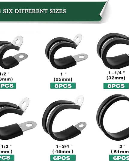 OURU 46PCS Cable Clamps Assortment Kit,Stainless Steel Rubber Coated Cushioned Insulated Cable Clamp,Automotive Wire Clamps,Pipe Clamps,Metal Clamp in 6 Sizes—1/2'' 1'' 1-1/4'' 1-1/2'' 1-3/4'' 2''