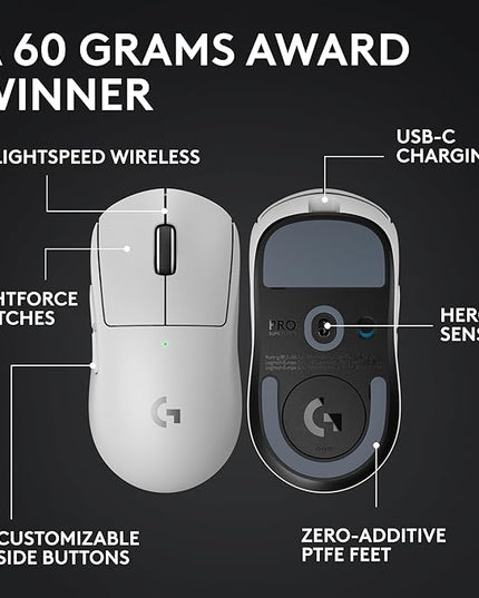 Logitech G PRO X Superlight 2 Wireless Gaming Mouse, 60g Pro-Grade with 5 Programmable Buttons, 44k DPI Sensor, 8kHz Report Rate, USB-C Charging for PC/Mac - White