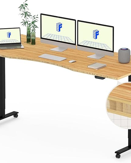 FLEXISPOT E6 MAX Bamboo 72x30 Inch Dual Motor 3-Stage Heavy Duty Standing Desk, 330lbs Weight Capacity, Height Adjustable Desk w/Cable Management & Wheels (Solid Bamboo Curved Desktop + Black Frame)