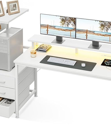 AODK 59 Inch Gaming Desk with USB Charging Ports & LED Light- Reversible Computer Desk with Storage Shelves & Monitor Stand, Modern Gamer Desk Table with Fabric Drawers & Side Hook, Carbon Fiber White