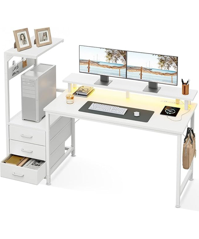 AODK 59 Inch Gaming Desk with USB Charging Ports & LED Light- Reversible Computer Desk with Storage Shelves & Monitor Stand, Modern Gamer Desk Table with Fabric Drawers & Side Hook, Carbon Fiber White