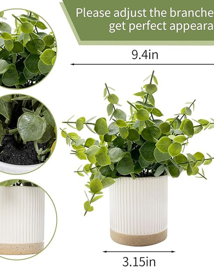 Coferset Small Fake Eucalyptus Potted Plants 9.5" Indoor Fake Plants Small Artificial Eucalyptus with Ceramic Pot-Realistic Greenery for Shelf Office Desk Home Bathroom Table Decor