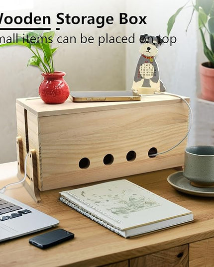 Large Cable Management Box, Wood Cord Hider Box & Organizer for Power Strip Hider Cable Storage for Office, TV Wires, Desk Cord Organizer, 14.2" x 6" x 6.3", Natural, Wood