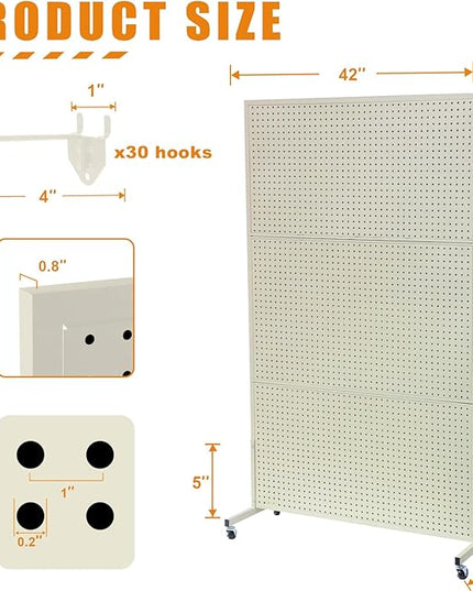 3.5'x 6' Pegboard Display Stand with T-Base, Metal Peg Board Organizer Panels Display Rack With Wheel, Standing Pegboard Display, Extra 30 pieces Hooks, Cream