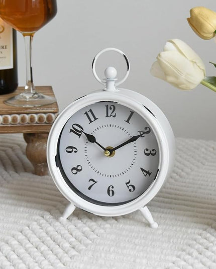 MACVAD Small white table clock Vintage Rustic White Table Clock on Stand, Decorative Desk and Shelf Clock Farmhouse Mantel Clock Rustic Non-Ticking Clock