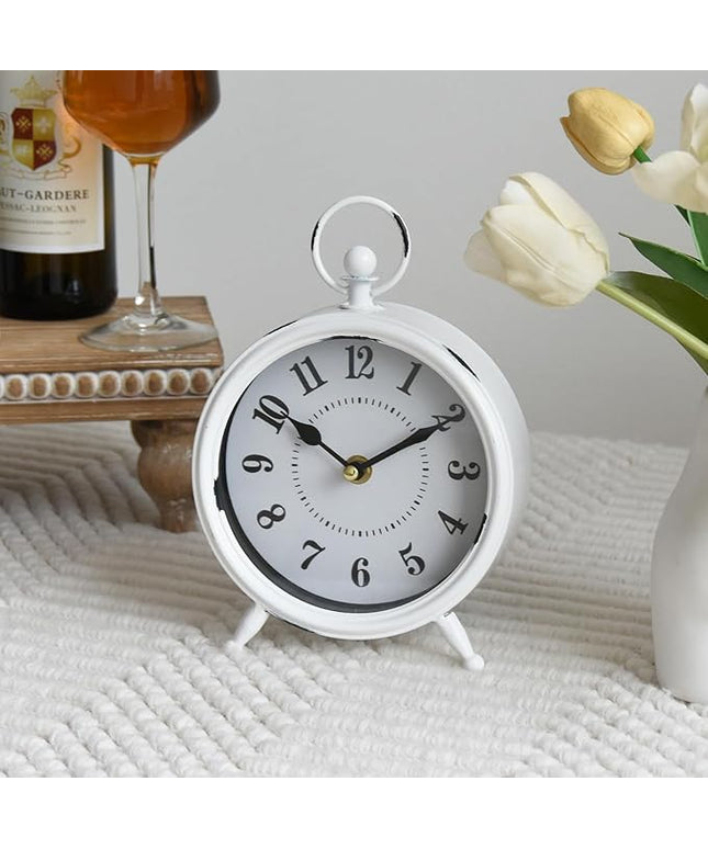 MACVAD Small white table clock Vintage Rustic White Table Clock on Stand, Decorative Desk and Shelf Clock Farmhouse Mantel Clock Rustic Non-Ticking Clock