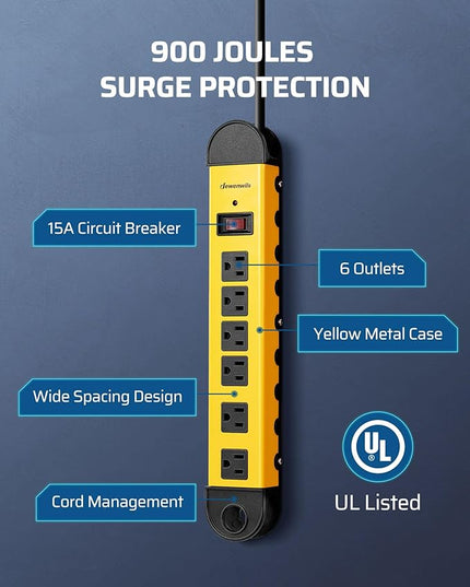 DEWENWILS Metal Power Strip, 6-Outlet Heavy Duty Surge Protector with 6FT Power Cord, UL Listed, 14AWG/3C, 15A Circuit Breaker, 900 Joules, Low Profile Flat Plug for Workshop, Wall Mountable