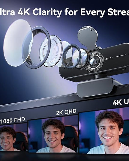 EMEET C60E 4K Webcam with Tripod, Streaming Camera with PDAF Autofocus, Dual Microphones, Auto Light Correction, 73° FOV, Plug & Play USB Webcam for Live Streaming, Gaming & Real-Time Interaction