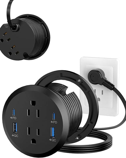 Jgstkcity Power Strip,Flush Mount Recessed Power Grommet,65W USB C Fast Charging,3-Inch Hole, 4 Outlets & 4 Ports, Ideal for Desktop & Countertop Outlet,Dual-Sided (Black, 10FT)