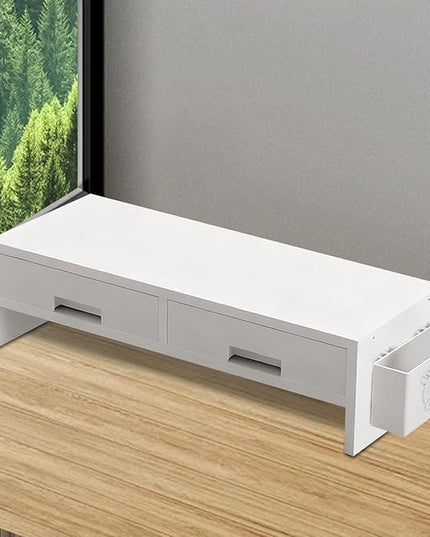Desk Monitor Stand Riser, Double Drawer Ergonomic Organizer, Computer Desk Riser For Monitors And Accessories, Durable Wood Material, Family Friends Home Offices Indoor Study Bedroom Room Workstation