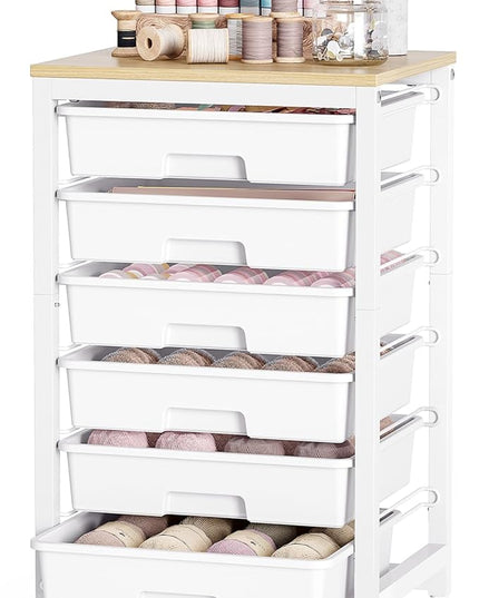 Rolling Storage Utility Cart with 6 Drawers and Wooden Tabletop for Under Desk Storage,White
