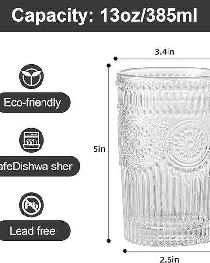 Vintage Glassware Drinking Glasses Set of 6,13 oz Clear Textured Flower Design Glass Water Tumblers，Embossed Striped Drinkware for Water,Cocktails,Juice,Iced Coffee