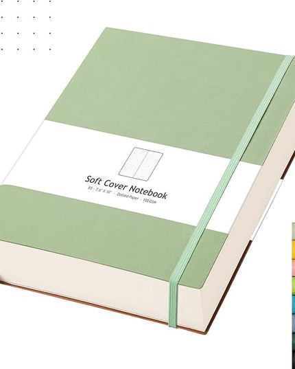 AHGXG Bullet Dotted Journal - 320 Pages Dot Grid Notebook B5 Large Journal, 100gsm Thick Dotted Paper, Leather Softcover, with Journal Stencils, Inner Pocket, 7.6'' X 10'' - LightGreen