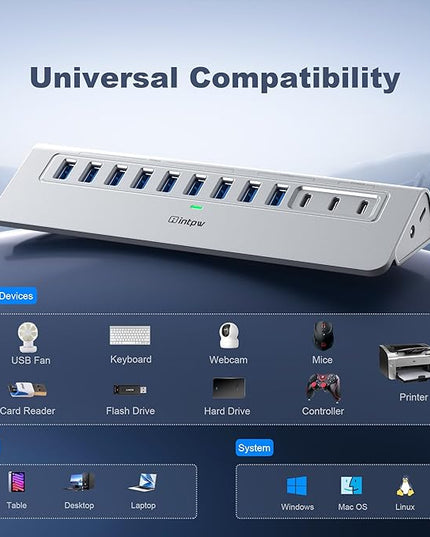 YH9AC Powered USB Hub 10Gbps, intpw 12 Port USB C Hub with 10Gbps USB C 3.2+2 USB A 3.2, 7 USB 3.0, 2 PD 45W Charging Port, 65W Power Adapter + 3.3FT Cable, Aluminum USB Hub for Laptop/iPhone 17/16/PC