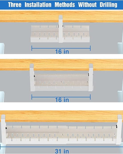 No Drilling Extendable Under Desk Cable Management, Metal Cable Management Tray Under Desk with Clamp, Retractable Power Strip Cord Holder for Wire Management 31Inch (1 Pack White)