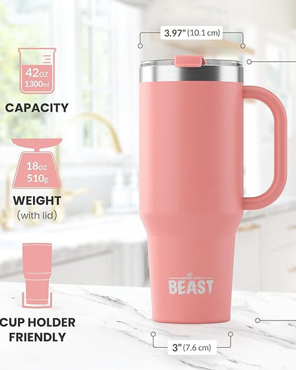 Beast 42 oz Tumbler with Handle Stainless Steel Vacuum Insulated Coffee Ice Cup Double Wall Travel Flask (Blossom Pink)