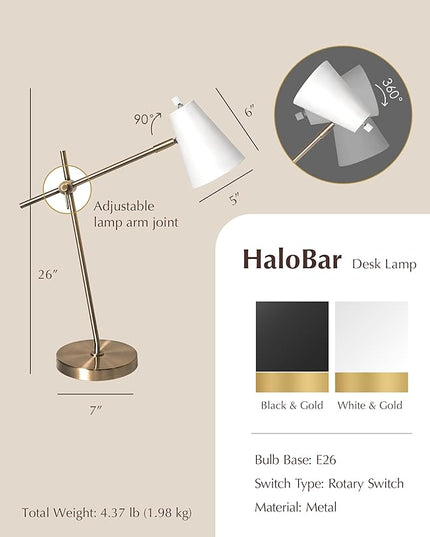 HarvestLand HaloBar Brass Desk Lamp Home Office – White Industrial Table Lamp with Solid Base for Office, Reading Lamps for Bedside Table, Study and Reading Task Lamp, Gifts for Adults