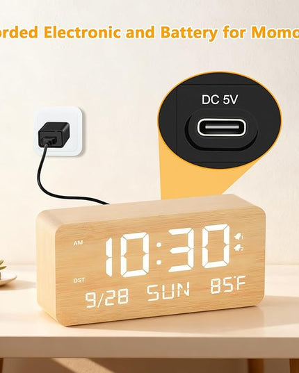 Fomobest Wooden Digital Alarm Clock for Bedroom -Desk Clock with Date, Day of Week, Temperature, Dual Alarms, Dimmer, USB Port Charge, DST, Adjustable Volume for Living Room/Office Wood Decor (Bamboo)