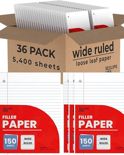 Wide Ruled Loose Leaf Paper Wide Ruled Notebook Paper Lined Writing Filler Paper 10.5” x 8” 56 gsm 4500 Sheets 150 Sheet Per Pack (36 Pack)
