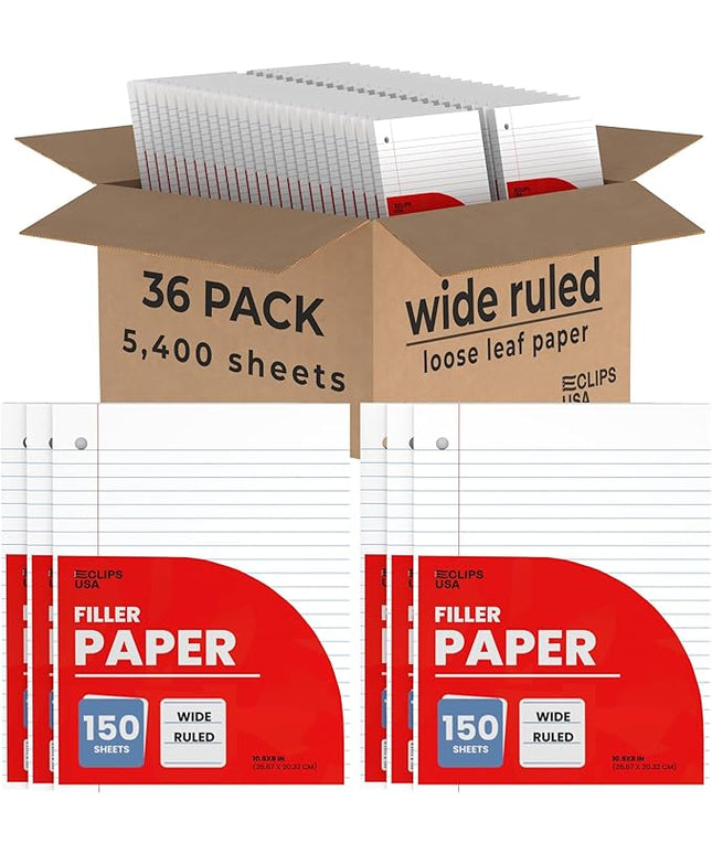 Wide Ruled Loose Leaf Paper Wide Ruled Notebook Paper Lined Writing Filler Paper 10.5” x 8” 56 gsm 4500 Sheets 150 Sheet Per Pack (36 Pack)