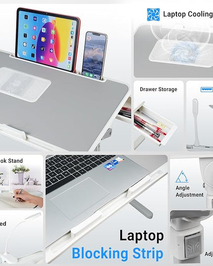 Laptop Lap Desk with Cooling Fan - Adjustable with Light, USB, Storage Drawer - Folding Bed Desk,22.04"*12.59",Grey