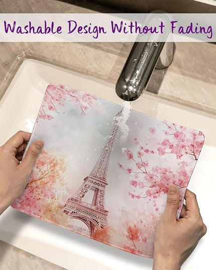 Cherry Blossoms and Eiffel Tower Mouse Pad Square Mouse Pads with Stitched Edge, Computer Mousepad with Non-Slip Rubber Base for Computer Laptop Office Desk Accessories 9.5x8 Inches