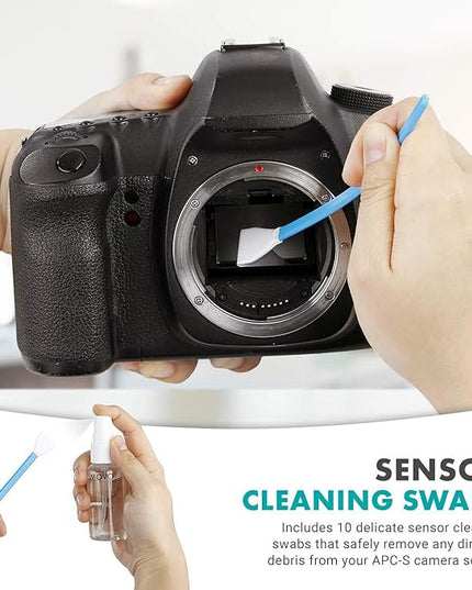 Movo Deluxe Essentials DSLR Camera Cleaning Kit with 10 APS-C Cleaning Swabs, Sensor Cleaning Fluid, Rocket Air Blower, Lens Pen, Soft Brush, 2X Small and 2X Large Microfiber Cloths and Carrying Case