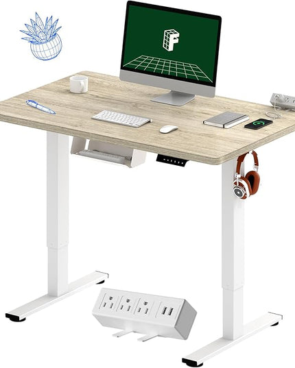 FLEXISPOT EN2 Whole-Piece Standing Desk with Clamp Power Strip, 40 x 24 Electric Stand Up Height Adjustable Desk with Cable Management (White Frame + 40" White Wood Grain Desktop)