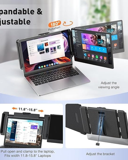 Laptop Screen Extender 14-inch, 1080P FHD Portable Monitor, Type-C/HDMI/USB-A Plug & Play, Laptop Monitor Extender fits Laptops with Screen up to 15.35" Wide, Compatible with Windows, Mac, Chrome