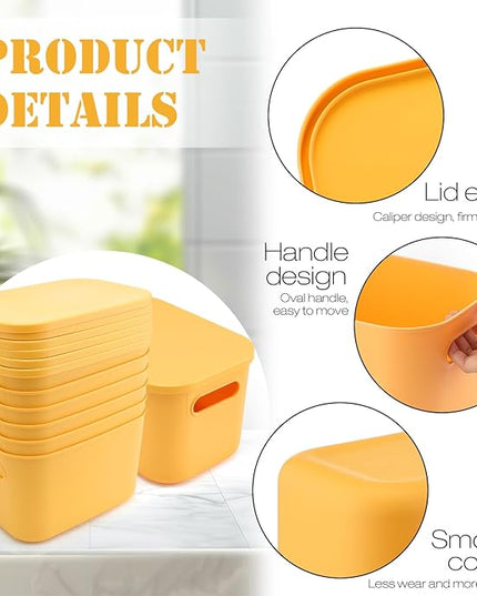 Hoolerry 8 Pieces Colorful Storage Bins with Lid, Plastic Storage Basket Organizing Container Stackable Box with Handle for Shelves Desktop Playroom Office(10.2 x 7 x 6.3 Inch,Yellow)