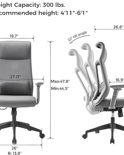 EUREKA ERGONOMIC Valen Leather Desk Chair, High Back Office Chair, Microfiber PU Leather Office Chair with Wheels, Executive Office Chair Comfy for Samll Spaces, Grey