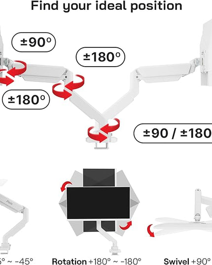 Pixio PS2S White Ultrawide Heavy-Duty Premium Single Monitor Arm Stand Desk Mount - Fits up to 49 inches Monitors, Weights up to 39lbs Flat / 31lbs Curved, Compatible with VESA 75x75 100x100mm