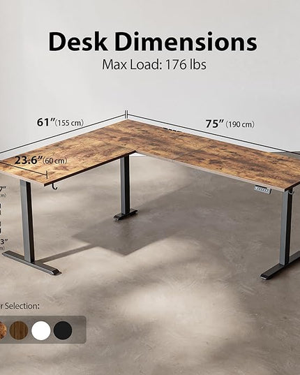 Agilestic L-Shaped Standing Desk Adjustable Height, Electric Corner Standing Desk, Sit Stand Up Desk, 75x61 inch Sit Stand Computer Table, Rustic Brown