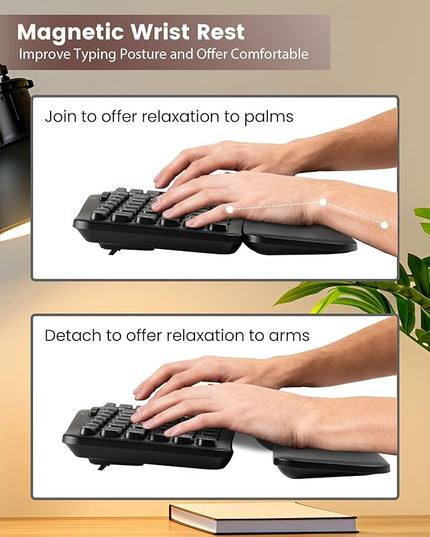 XUANGUI Silent Wireless Computer Keyboard and Mouse Combo with Magnetic Wrist Rest, Ergonomic Cordless Full Size Key Board and 4800 DPI Quiet Mice Set for PC Laptop Tablet, Office and Home Use