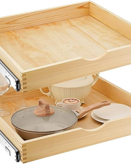 Menkxi 2 Set Pull out Tray Cabinet Organizer Wooden Pull Drawers storage Slide out Pantry Shelf for Base Cabinet Kitchen Gentle Close Fully Assembled Accessories(Wood Color,24'' X 21'' X 3'')