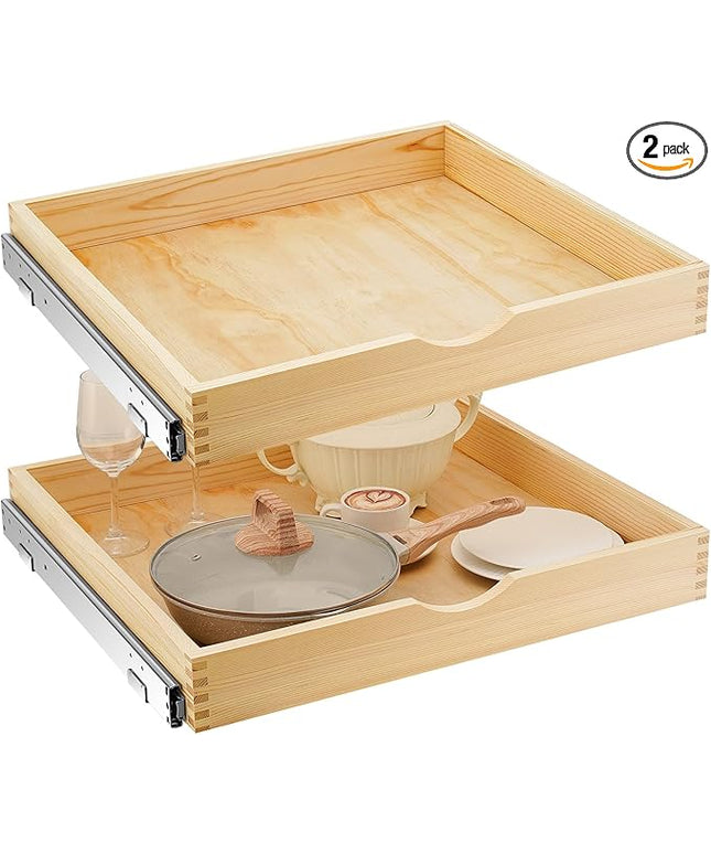 Menkxi 2 Set Pull out Tray Cabinet Organizer Wooden Pull Drawers storage Slide out Pantry Shelf for Base Cabinet Kitchen Gentle Close Fully Assembled Accessories(Wood Color,24'' X 21'' X 3'')