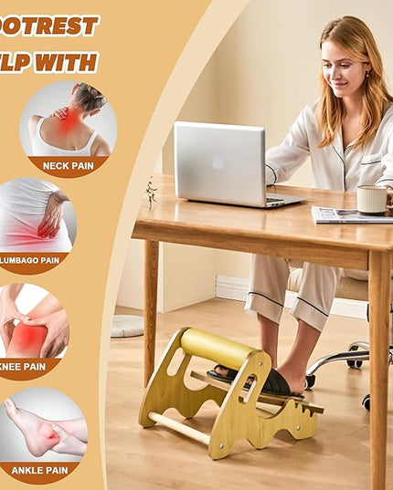 Foot Rest for Under Desk at Work- Adjustable Rocking Foot Stool with 3 Height Positions and Soft Crossbar, Ergonomic Wooden Footrest with Anti-Slip Surface for Home, Office
