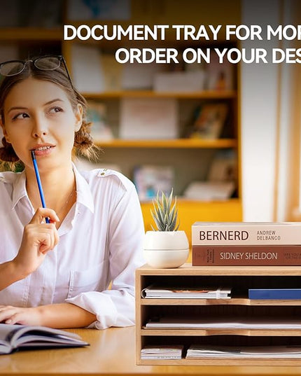 KIRIGEN Wooden Desktop Organizer Paper Storage Letter Tray File Sorter - Desk Rack Magazine File Dividers Holders for Home Office Accessories Wood Desk Cabinet with 3 Layer Trays Natural(3KWJG-NA)