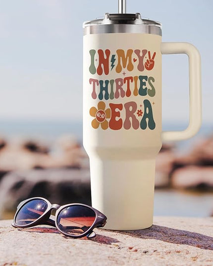 Shqiueos 30th Birthday Gifts for Women 40oz Tumbler with Handle and Straw Lid, 30 Year Old Gifts for Her, Best Friend, Sister, Daughter, 30s Birthday Decoration-In My Thirties Era Cup Water Bottle