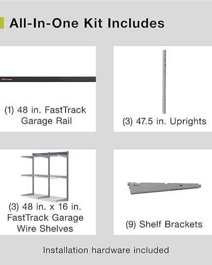 Rubbermaid Fasttrack Rail Storage 48"x16" 3-Shelf Kit, 350 lbs. Per Shelf, for Home/Garage/Shed/Workshop Organization