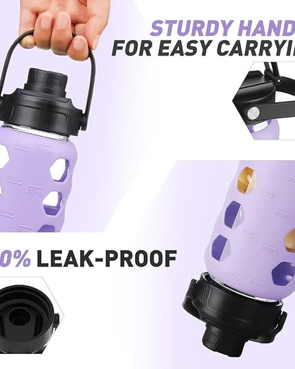 MUKOKO Glass Water Bottles, 24oz Glass Tumbler with Straw, Drinking Bottles with 2 Lids-Handle Spout Lid&Bamboo Straw Lid, Motivational Water Bottle with Time Marker and Silicone Sleeve, 1 Pack-Purple
