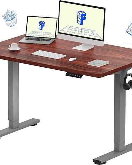 FLEXISPOT EN1 One-Piece Standing Desk with 1-Inch Thick Desktop, 48"x30" Electric Height Adjustable Desk for Home Office & Multi-Device Workstations, Mahogany(Silver Frame)