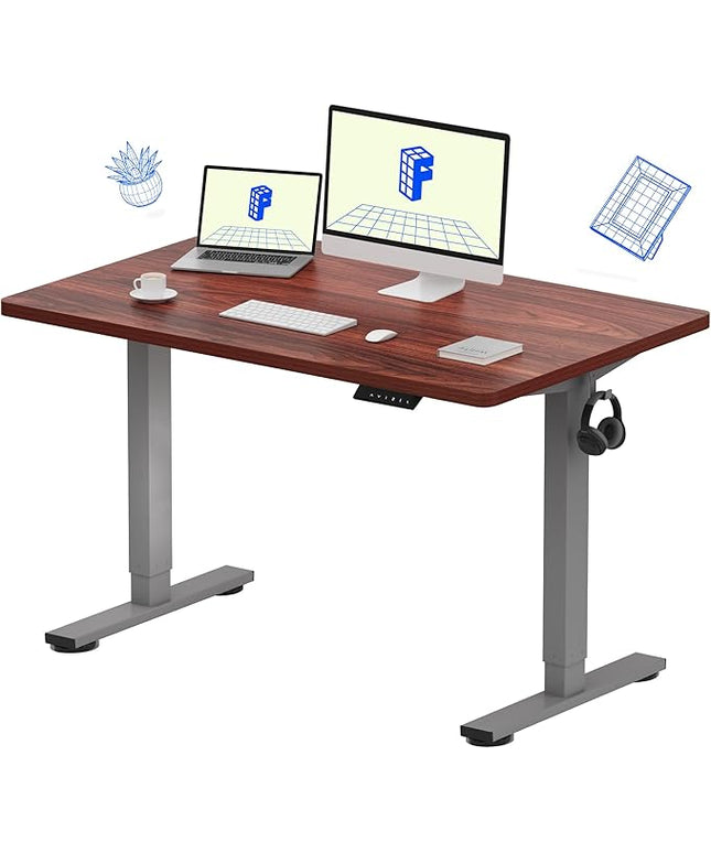 FLEXISPOT EN1 One-Piece Adjustable Stand Up Desk - 48 x 30 Inches Electric Standing Desk with Seamless Desktop (Silver Frame + Mahogany Top, 2 Packages)