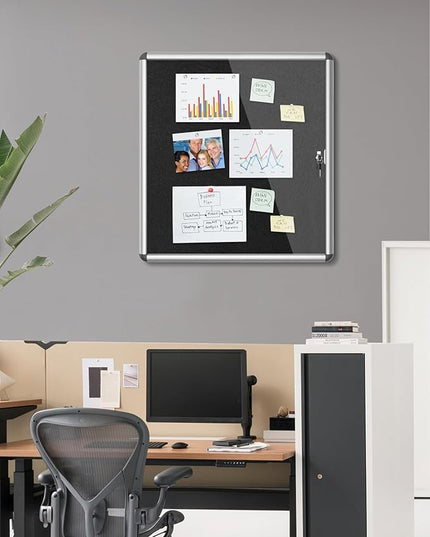 Mifuro 28"x26" Enclosed Bulletin Board, Lockable Weather-Resistant Aluminum Cork Noticeboard for School & Office, Silver Frame w/Black Flet