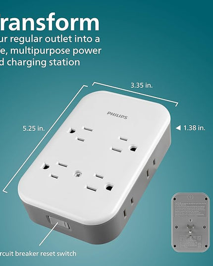 Philips All-in-One Surge Tap with USB, 4 Grounded & 4 Polarized Outlets, 2 USB-C & 1 USB-A Ports, 15W Shared, 1140 Joules, ETL Certified, White/Gray, SPP3155GW/37