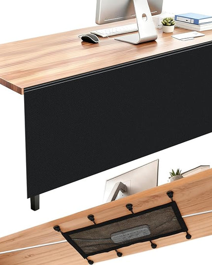 Tegeme 71'' Under Desk Privacy Panel with Cable Management Net Desk Skirt Self Adhesive Modesty Panel with Cord Organizer Pockets for Office Home Standing Workstation